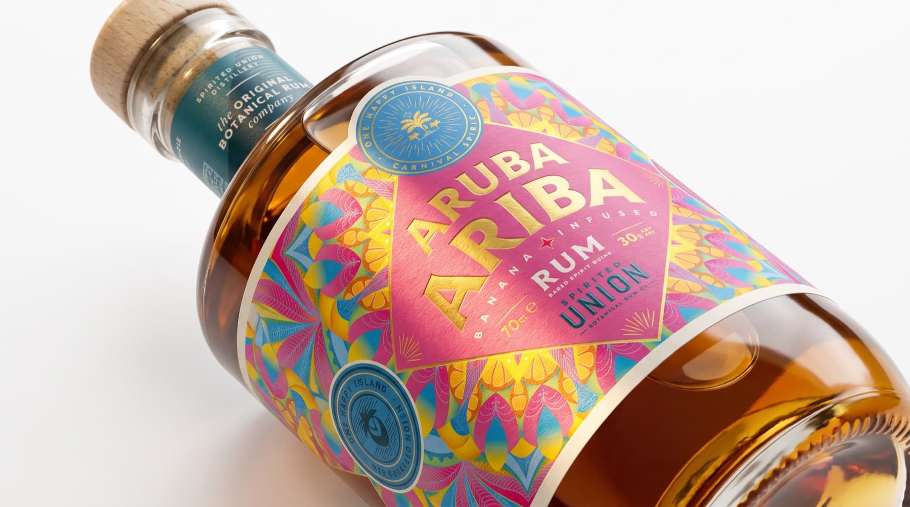 Aruba Ariba banana infused rum bottle by Spirited Union on a white background