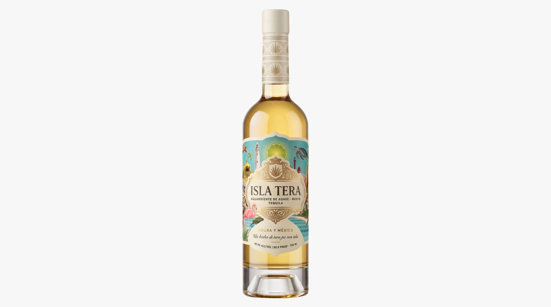 Isla Tera agave spirit tequila bottle with an ornate gold-foil crest and Aruban collage label on a white studio background