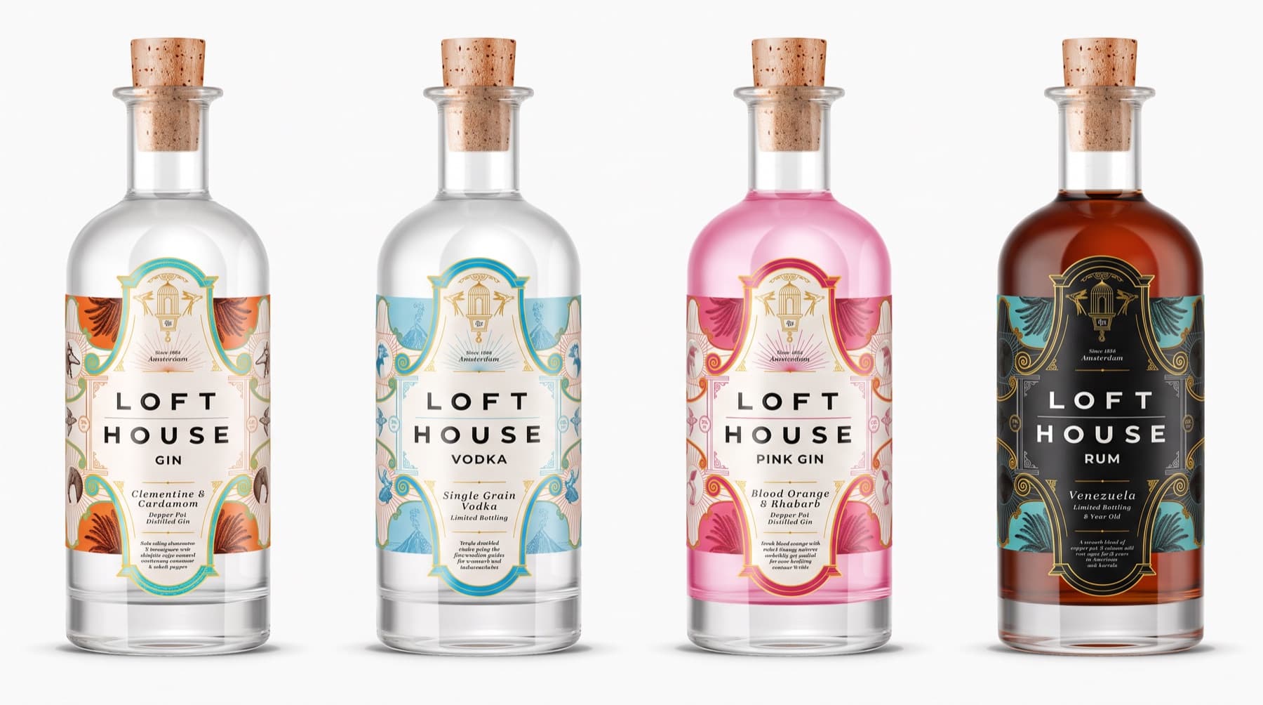 Loft House gin, vodka, pink gin and rum bottle range