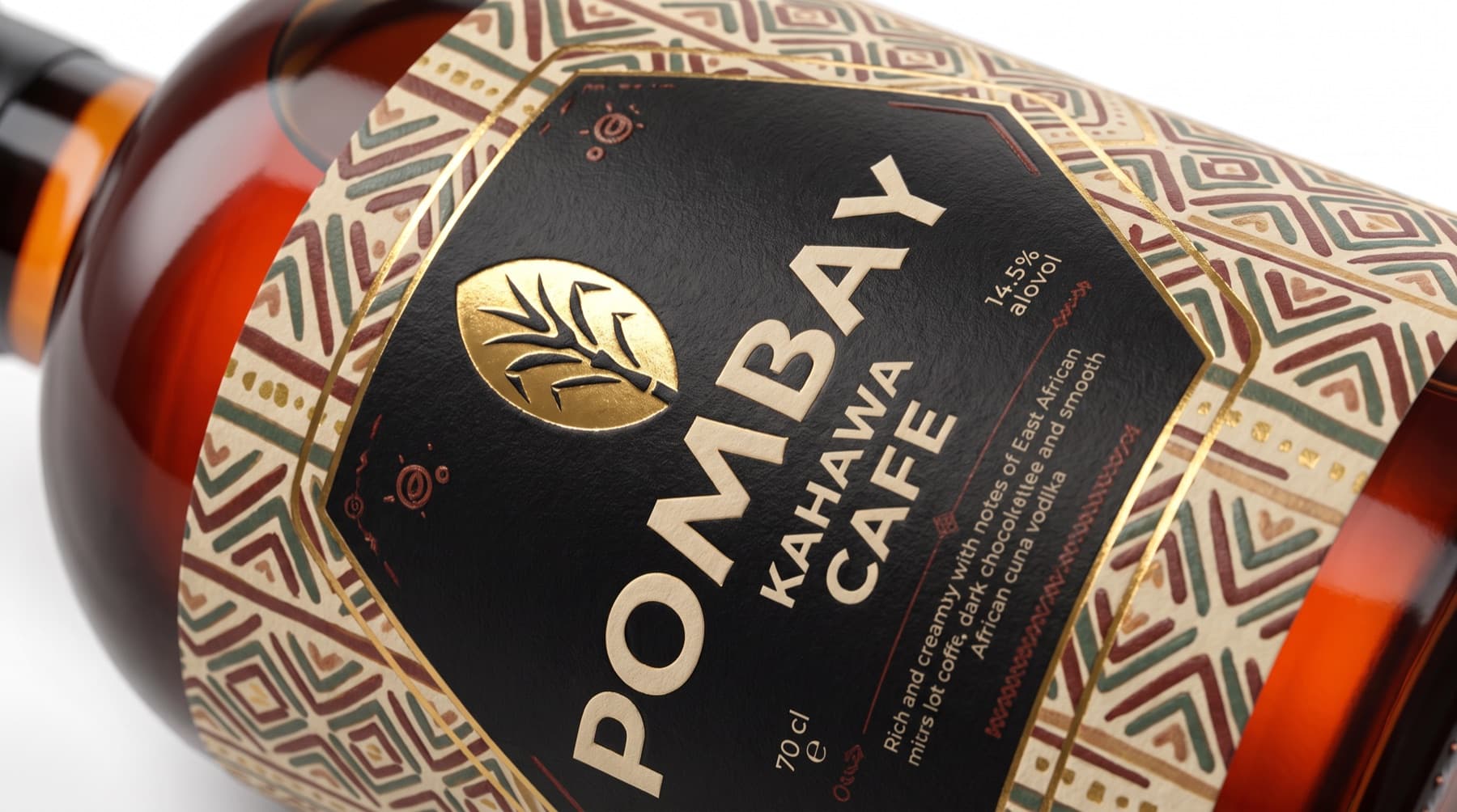 Pombay Kahawa Café bottle laydown showing the patterned label design